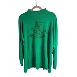 Quacker Factory Womens Mock Neck Christmas Tree Pullover Sweater Green Size 3X